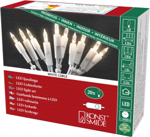 Lichterkette LED 20er Warmweiß mit weißem Kabel, Stecker und eingebautem Schalter.